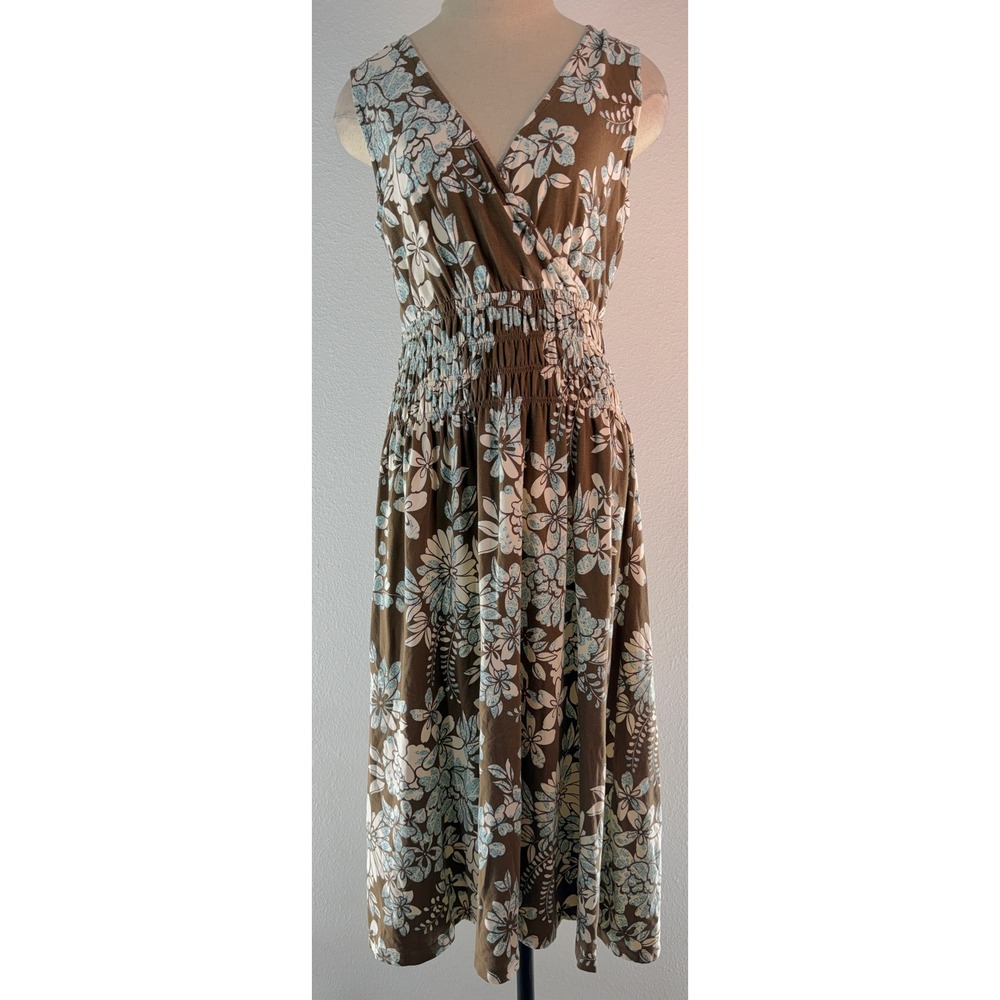 Eddie Bauer Smocked Waist Midi Dress Brown Blue Floral Boho Indie Cottage Small